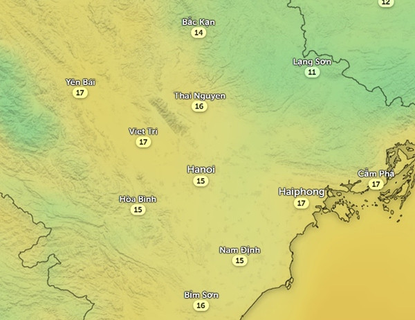 Dự báo nhiệt độ vào đêm 13/11. Ảnh: Zoom Earth, OpenStreetMap. Dự báo nhiệt độ vào đêm 13/11. Ảnh: Zoom Earth, OpenStreetMap.