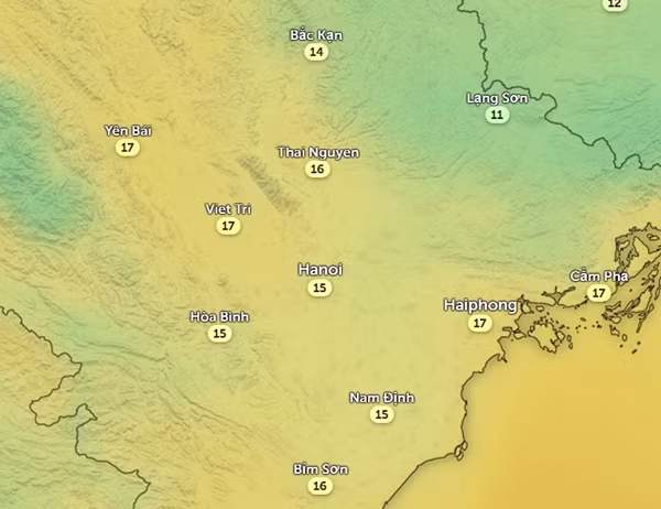 Dự báo nhiệt độ vào đêm 13/11. Ảnh: Zoom Earth, OpenStreetMap.