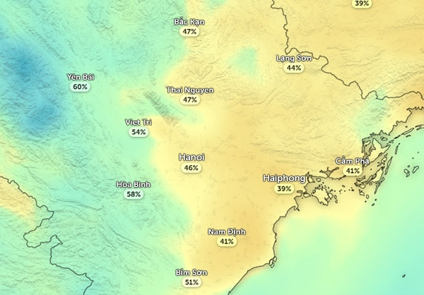 Dự báo độ ẩm ở Hà Nội và một số tỉnh thành miền Bắc vào chiều mai, 7/12. Có thể thấy độ ẩm giảm mạnh so với hôm nay. Ảnh: Zoom Earth, OpenStreetMap.