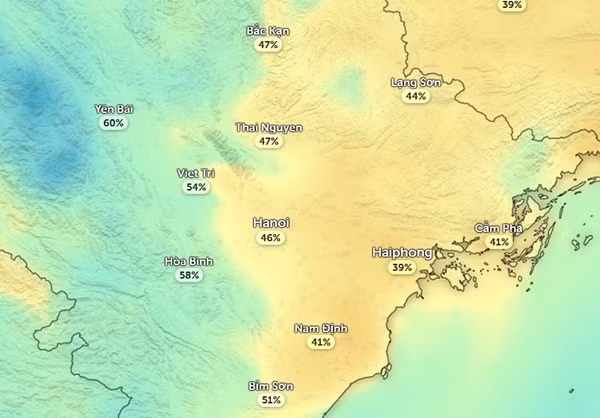 Dự báo độ ẩm ở Hà Nội và một số tỉnh thành miền Bắc vào chiều mai, 7/12. Có thể thấy độ ẩm giảm mạnh so với hôm nay. Ảnh: Zoom Earth, OpenStreetMap. Dự báo độ ẩm ở Hà Nội và một số tỉnh thành miền Bắc vào chiều mai, 7/12. Có thể thấy độ ẩm giảm mạnh so với hôm nay. Ảnh: Zoom Earth, OpenStreetMap.