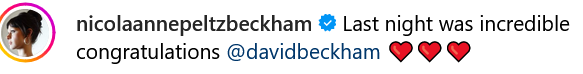 Lời chúc mừng của Nicola dành cho David Beckham. (Ảnh chụp màn hình Instagram).