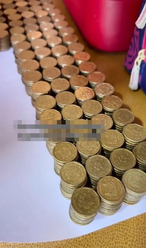 Khoảng 7.000 đồng xu 1 đôla Sing được xếp ngay ngắn. Ảnh: Xenia Tan. Khoảng 7.000 đồng xu 1 đôla Sing được xếp ngay ngắn. Ảnh: Xenia Tan.