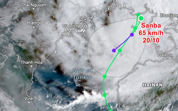 Vị trí hiện tại và dự báo vào sáng 20/10 về cơn bão số 5 (bão Sanba). Ảnh: Zoom Earth. Vị trí hiện tại và dự báo vào sáng 20/10 về cơn bão số 5 (bão Sanba). Ảnh: Zoom Earth.