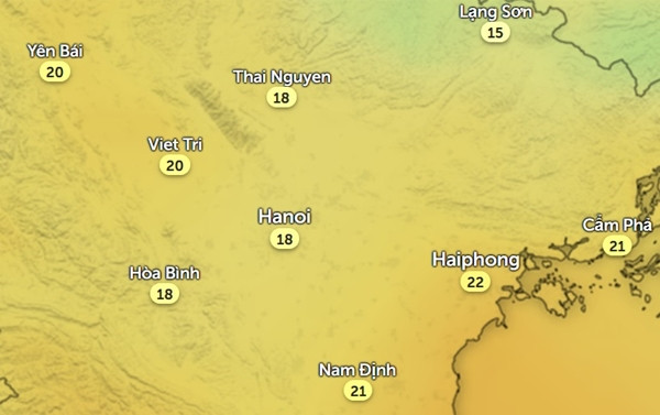 Nhiệt độ ở một số tỉnh thành có gió mùa Đông Bắc vào 6h sáng ngày 13/11. Ảnh: Zoom Earth, OpenStreetMap. Nhiệt độ ở một số tỉnh thành có gió mùa Đông Bắc vào 6h sáng ngày 13/11. Ảnh: Zoom Earth, OpenStreetMap.