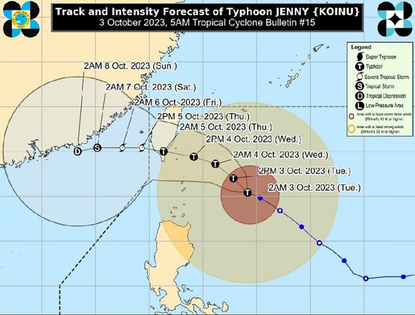 Dự báo về bão Koinu (Jenny) của Philippines trong bản tin 5h sáng nay. Ảnh: PAGASA.
