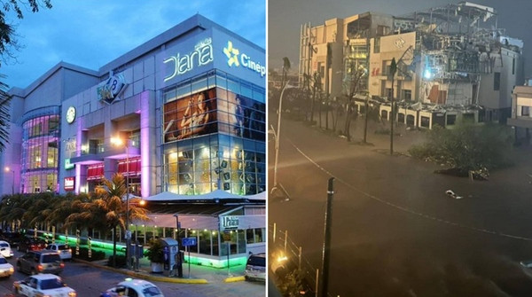 Hình ảnh trung tâm thương mại Galerias Diana ở Acapulco trước (trái) và sau siêu bão Otis (phải). Ảnh: StormHQ. Hình ảnh trung tâm thương mại Galerias Diana ở Acapulco trước (trái) và sau siêu bão Otis (phải). Ảnh: StormHQ.