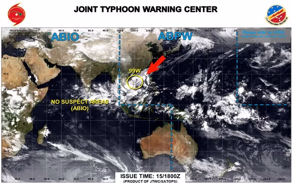 Hình ảnh của JTWC về vùng áp thấp 99W gần Việt Nam. Ảnh: JTWC.