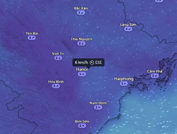 Hà Nội vẫn có gió Đông - Đông Nam vào tối nay, 27/11. Ảnh: Zoom Earth, OpenStreetMap.