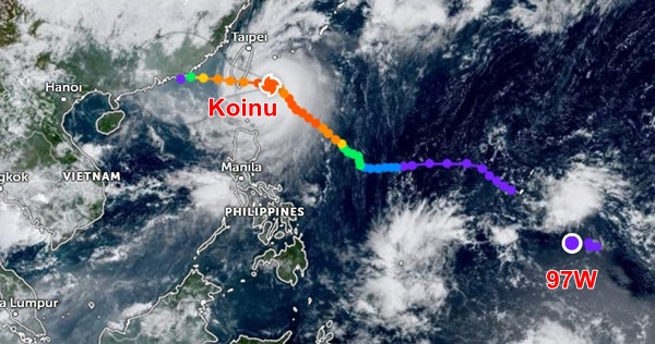 Một nhiễu động mới xuất hiện đang "nối đuôi" bão Koinu. Ảnh: Zoom Earth. Một nhiễu động mới xuất hiện đang "nối đuôi" bão Koinu. Ảnh: Zoom Earth.