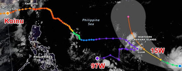 Ngay đằng sau bão số 4 là một áp thấp nhiệt đới và một nhiễu động nhiệt đới. Ảnh: Zoom Earth. Ngay đằng sau bão số 4 là một áp thấp nhiệt đới và một nhiễu động nhiệt đới. Ảnh: Zoom Earth.