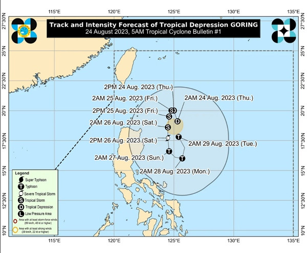 Dự báo hiện tại về bão Goring của cơ quan khí tượng Philippines (chữ S là bão, chữ T là bão rất mạnh). Ảnh: PAGASA.