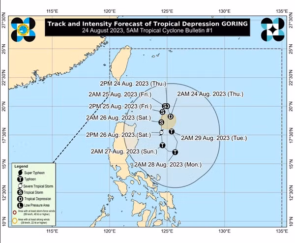 Dự báo hiện tại về bão Goring của cơ quan khí tượng Philippines (chữ S là bão, chữ T là bão rất mạnh). Ảnh: PAGASA.