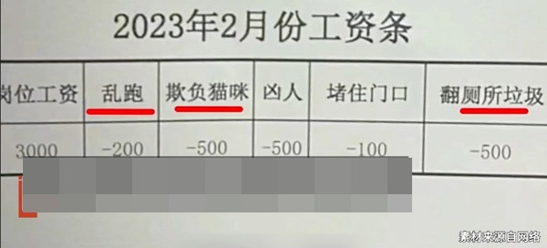 Bảng kê chi tiết lương tháng 2 của chú chó với các khoản bị trừ. Ảnh: Jiupai News.