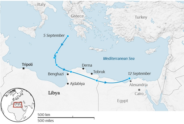 Đường đi của bão Daniel (đường màu xanh). Ảnh: Ventusky.