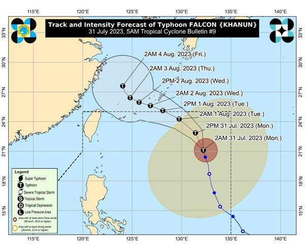 Dự báo đường đi của bão Khanun của Cơ quan Khí tượng Philippines, sáng 31/7. Ảnh: PAGASA. Dự báo đường đi của bão Khanun của Cơ quan Khí tượng Philippines, sáng 31/7. Ảnh: PAGASA.