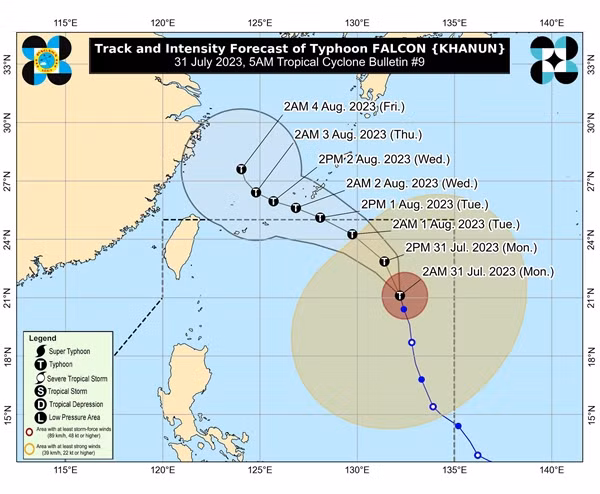 Dự báo đường đi của bão Khanun của Cơ quan Khí tượng Philippines, sáng 31/7. Ảnh: PAGASA.