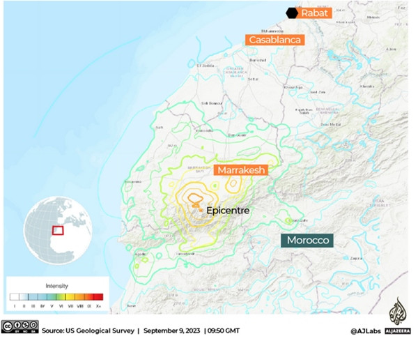 Bản đồ cho thấy một số thành phố lớn cách xa tâm chấn, như Casablanca và Rabat, cũng bị rung lắc do động đất. Ảnh: USGS. Bản đồ cho thấy một số thành phố lớn cách xa tâm chấn, như Casablanca và Rabat, cũng bị rung lắc do động đất. Ảnh: USGS.