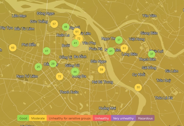 Nhiều khu vực ở Hà Nội có chất lượng không khí rất tốt vào chiều 16/12, một số khu vực thì ở mức trung bình. (Ảnh chụp màn hình IQAir).