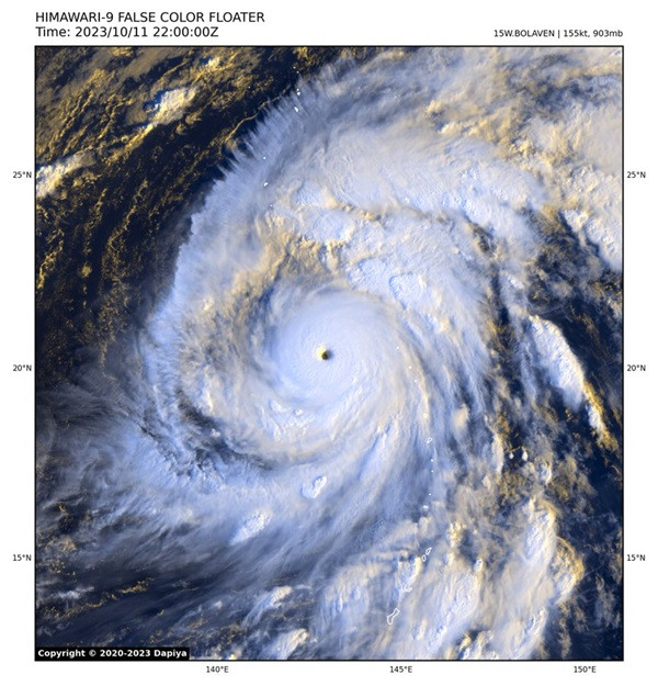 Siêu bão Bolaven trong hình ảnh vệ tinh "đẹp gần như hoàn hảo". Ảnh: Marvin Oloris. Siêu bão Bolaven trong hình ảnh vệ tinh "đẹp gần như hoàn hảo". Ảnh: Marvin Oloris.