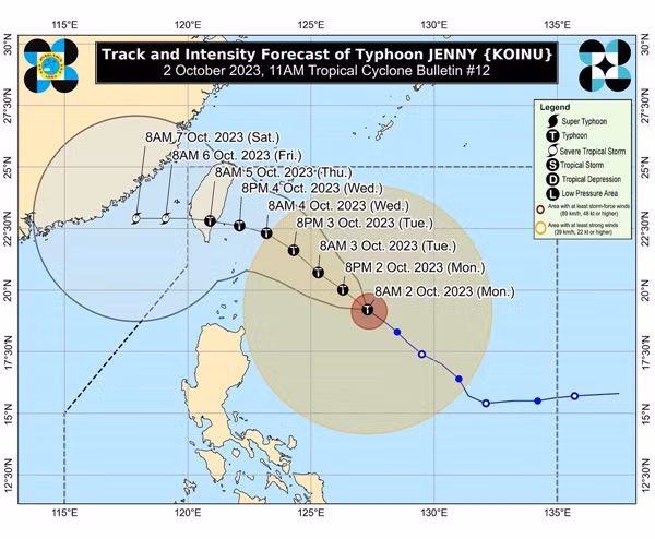 Vị trí và đường đi dự báo của bão Koinu (Jenny) theo bản tin lúc 11h hôm nay của PAGASA. Ảnh: PAGASA.