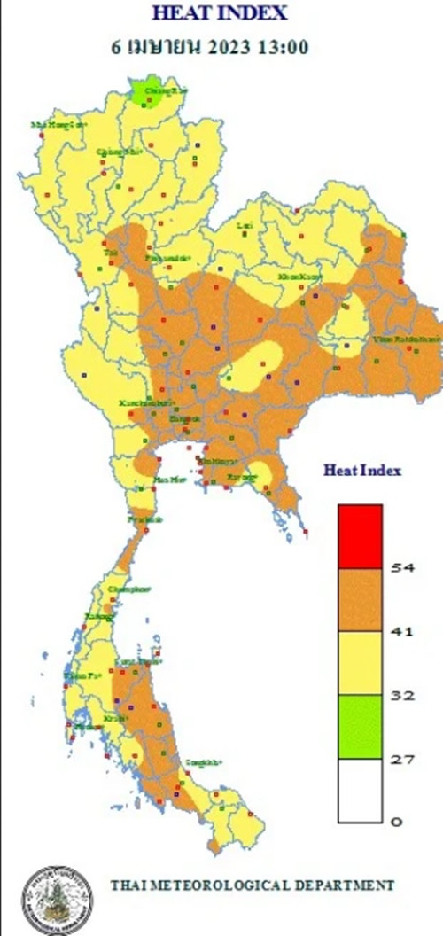Trên bản đồ, những khu vực được đánh dấu màu đỏ là nóng đến mức rất nguy hiểm, màu cam là nguy hiểm. Ảnh: Cơ quan Khí tượng Thái Lan. Trên bản đồ, những khu vực được đánh dấu màu đỏ là nóng đến mức rất nguy hiểm, màu cam là nguy hiểm. Ảnh: Cơ quan Khí tượng Thái Lan.