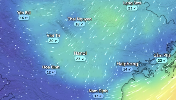 Dự báo sức gió Đông Bắc (km/h) ở Hà Nội và một số tỉnh thành miền Bắc lúc 9h sáng 16/12. Ảnh: Zoom Earth, OpenStreetMap. Dự báo sức gió Đông Bắc (km/h) ở Hà Nội và một số tỉnh thành miền Bắc lúc 9h sáng 16/12. Ảnh: Zoom Earth, OpenStreetMap.