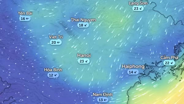Dự báo sức gió Đông Bắc (km/h) ở Hà Nội và một số tỉnh thành miền Bắc lúc 9h sáng 16/12. Ảnh: Zoom Earth, OpenStreetMap. Dự báo sức gió Đông Bắc (km/h) ở Hà Nội và một số tỉnh thành miền Bắc lúc 9h sáng 16/12. Ảnh: Zoom Earth, OpenStreetMap.