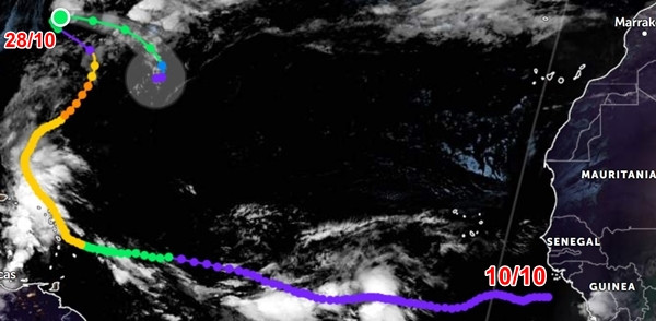 Hành trình rất dài và vòng vèo của bão Tammy từ khi nó hình thành. Ảnh: Zoom Earth, NOAA, NHC.