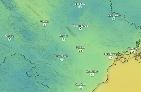 Dự báo nhiệt độ thực ngoài trời ở Hà Nội lúc 6h sáng mai, 26/12. Ảnh: Zoom Earth, OpenStreenMap. Dự báo nhiệt độ thực ngoài trời ở Hà Nội lúc 6h sáng mai, 26/12. Ảnh: Zoom Earth, OpenStreenMap.