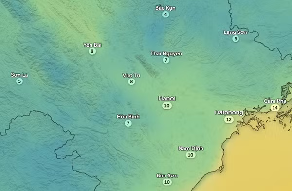 Dự báo nhiệt độ thực ngoài trời ở Hà Nội lúc 6h sáng mai, 26/12. Ảnh: Zoom Earth, OpenStreenMap.
