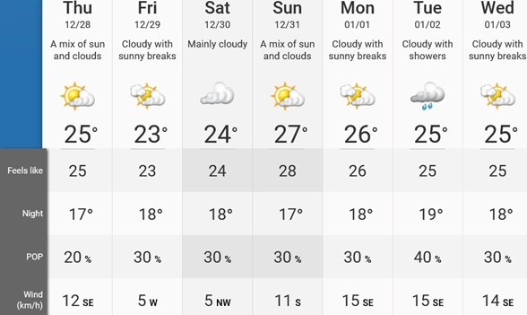 Dự báo thời tiết Hà Nội trong những ngày tới: Từ 1/1, Hà Nội chỉ có gió Đông Nam (4 dòng dưới trong bảng theo thứ tự là nhiệt độ thực ban ngày, nhiệt độ buổi tối, khả năng mưa, tốc độ và hướng gió). Ảnh: The Weather Network.