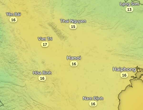 Dự báo nhiệt độ vào 6h sáng 17/11. Ảnh: Zoom Earth, OpenStreetMap. Dự báo nhiệt độ vào 6h sáng 17/11. Ảnh: Zoom Earth, OpenStreetMap.
