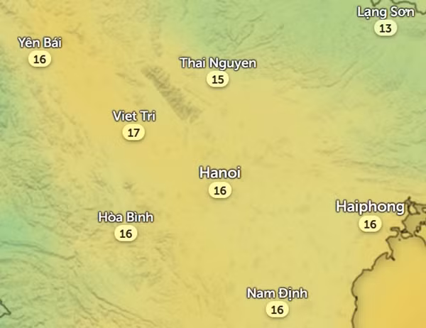 Dự báo nhiệt độ vào 6h sáng 17/11. Ảnh: Zoom Earth, OpenStreetMap.