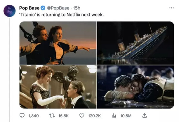 Một thông báo về việc Netflix chiếu lại phim "Titanic". Ảnh: Twitter. Một thông báo về việc Netflix chiếu lại phim "Titanic". Ảnh: Twitter.