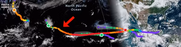Đường đi dài dằng dặc của bão Dora, từ phía Đông sang phía Tây Thái Bình Dương. Ảnh: Zoom Earth.