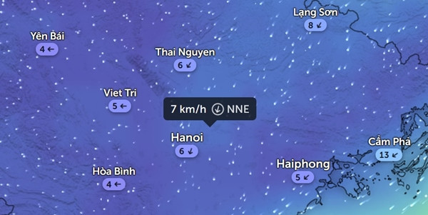 Dự báo gió mùa Đông Bắc tại Hà Nội và một số tỉnh thành phía Bắc nước ta vào sáng thứ Bảy, 28/10. Các con số là tốc độ gió. Ảnh: Zoom Earth; OpenStreetMap.