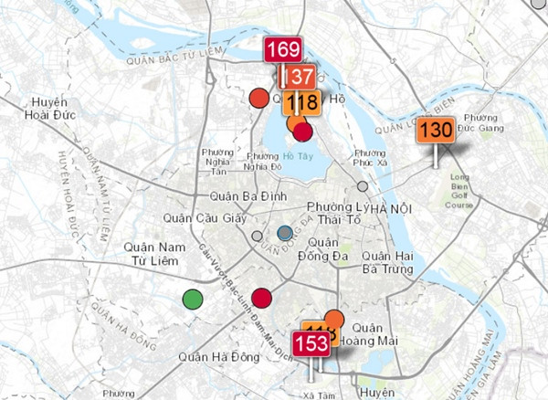 Nhiều địa điểm ở Hà Nội có chất lượng không khí ở mức không tốt vào tối 8/11 (chỉ số AQI dưới 100 mới là tốt). Ảnh: AQICN. Nhiều địa điểm ở Hà Nội có chất lượng không khí ở mức không tốt vào tối 8/11 (chỉ số AQI dưới 100 mới là tốt). Ảnh: AQICN.
