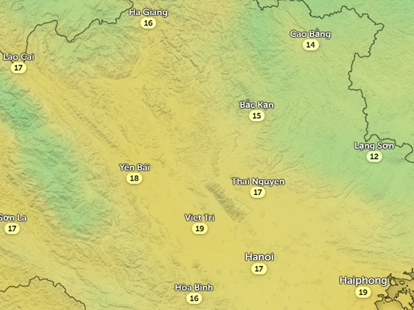 Nhiệt độ vào đêm 1/12, sáng sớm 2/12. Ảnh: Zoom Earth, OpenStreetMap. Nhiệt độ vào đêm 1/12, sáng sớm 2/12. Ảnh: Zoom Earth, OpenStreetMap.