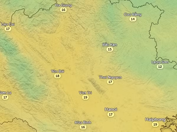 Nhiệt độ vào đêm 1/12, sáng sớm 2/12. Ảnh: Zoom Earth, OpenStreetMap.