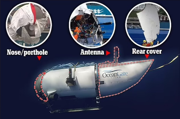 Những mảnh được vớt lên được cho là ở mũi tàu, ăng-ten và vỏ đuôi tàu. Ảnh: Mail Online.