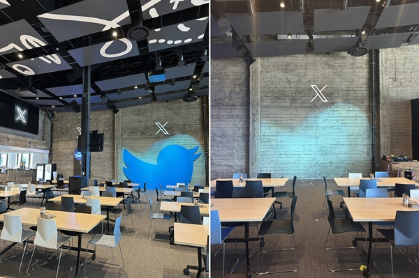 Hình con chim xanh vẫn "mờ ảo" trên tường nhà ăn tại trụ sở chính của Twitter (X). Ảnh: Kelsey Laymon. Hình con chim xanh vẫn "mờ ảo" trên tường nhà ăn tại trụ sở chính của Twitter (X). Ảnh: Kelsey Laymon.