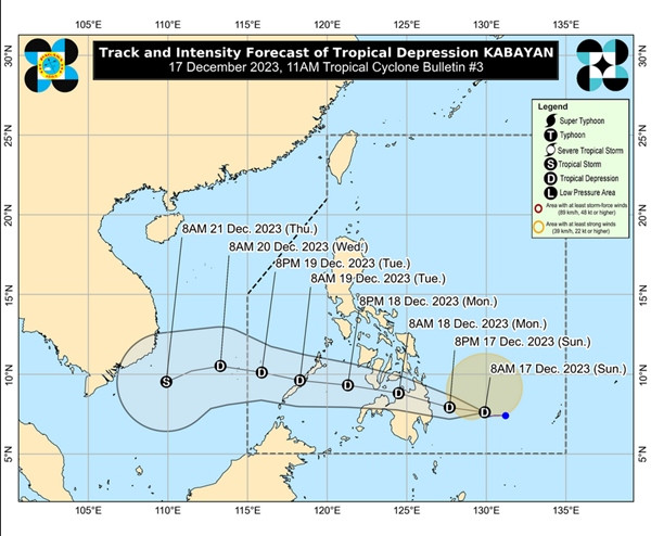 Dự báo của PAGASA vào 11h hôm nay, 17/12: Bão Jelawat sẽ vào Biển Đông và tăng cường độ trở lại khi đến sát phía Nam nước ta vào ngày 21/12. Ảnh: PAGASA.