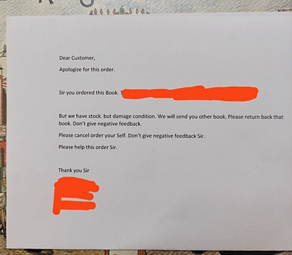 Lá thư xin lỗi của người bán. Ảnh: Twitter. Lá thư xin lỗi của người bán. Ảnh: Twitter.