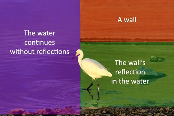 Vùng màu cam phía trên bên phải là bức tường (trụ cầu được dựng thẳng xuống sông, vuông góc với mặt nước). Vùng phía dưới bên phải là cái bóng của trụ cầu trên mặt nước. Nửa bên trái của ảnh là vùng nước không có cái bóng nào cả. Ảnh: Aydar Akhatov.