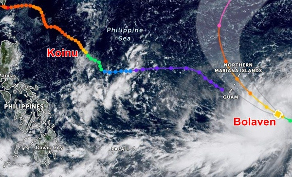 Bão Bolaven đã hình thành đằng sau bão Koinu (cơn bão số 4). Ảnh: Zoom Earth.