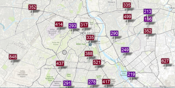 Chỉ số chất lượng không khí tệ kinh hoàng ở thủ đô Delhi. Ảnh: AQICN. Chỉ số chất lượng không khí tệ kinh hoàng ở thủ đô Delhi. Ảnh: AQICN.
