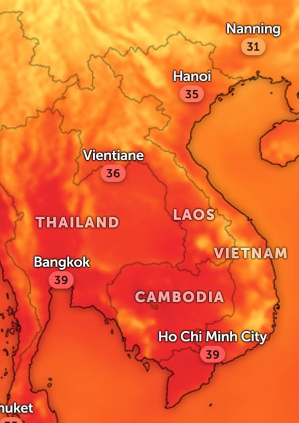 Những mức nhiệt độ rất cao vào đầu giờ chiều ngày 3/11. Ảnh: Zoom Earth, OpenStreetMap.