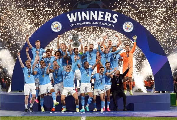 Các cầu thủ Man City ăn mừng chức vô địch Champions League. Ảnh: IMAGO/ PA Images/ Nick Potts.