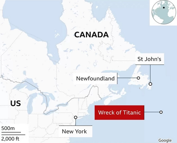 Ô màu đỏ trên bản đồ chỉ vị trí tàu Titanic chìm dưới đáy biển, nhưng chưa xác định được vị trí của tàu ngầm tham quan. Ảnh: Washington Examiner. Ô màu đỏ trên bản đồ chỉ vị trí tàu Titanic chìm dưới đáy biển, nhưng chưa xác định được vị trí của tàu ngầm tham quan. Ảnh: Washington Examiner.