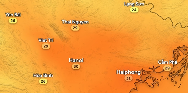 Dự báo nhiệt độ thực ở Hà Nội và một số tỉnh thành phía Bắc nước ta vào trưa, chiều Chủ Nhật (29/10). Ảnh: Zoom Earth; OpenStreetMap.